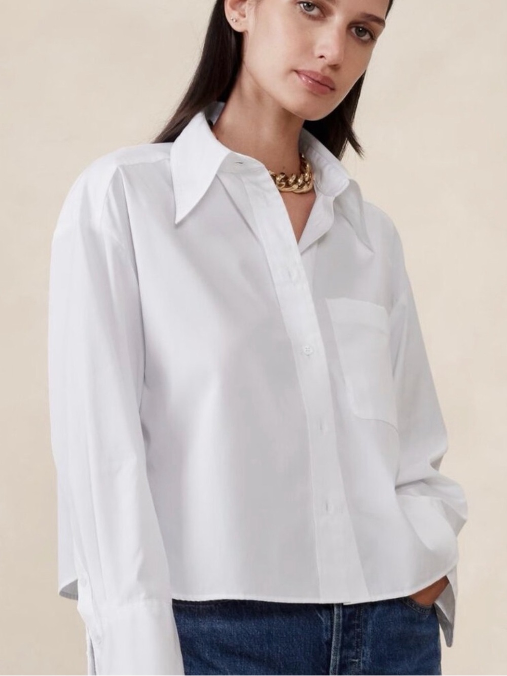 Banana Republic The Boxy Crop Shirt in White Poplin Size Medium EUC